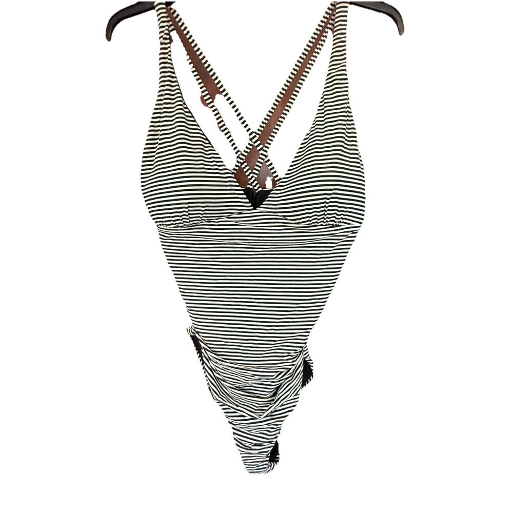 Nip Tuck Striped Bathing Suit Navy White Cross Straps Lifting & Slimming Sz 10
